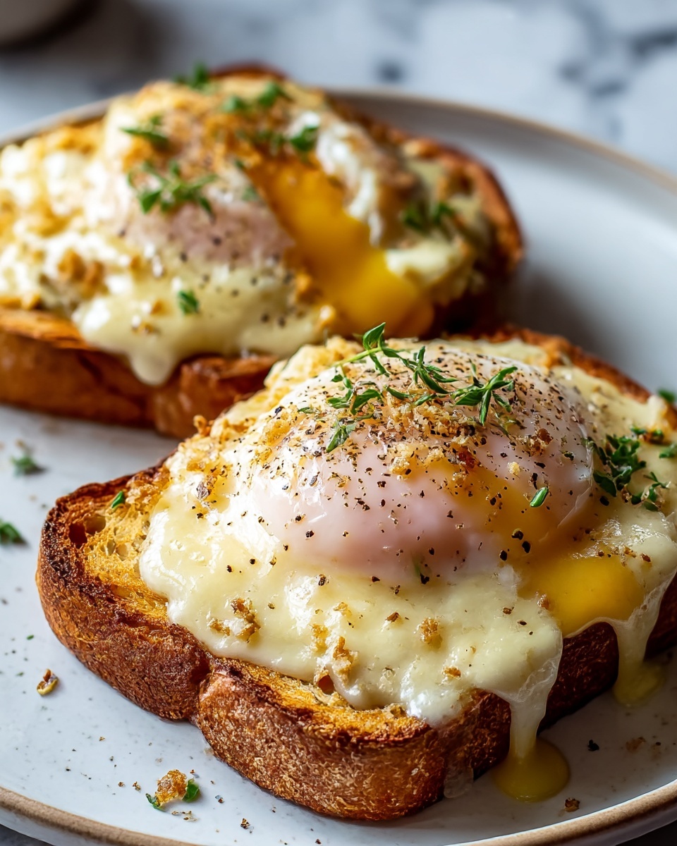 Two thick slices of toasted bread form the base, each topped with a cooked egg showing a creamy, slightly pink yolk under a layer of light yellow melted cheese that softly drips down the sides. The eggs and cheese are sprinkled with black pepper, small green herb bits, and small brown crunchy crumbs. The toast sits on a white plate against a white marbled background. Photo taken with an iphone --ar 4:5 --v 7