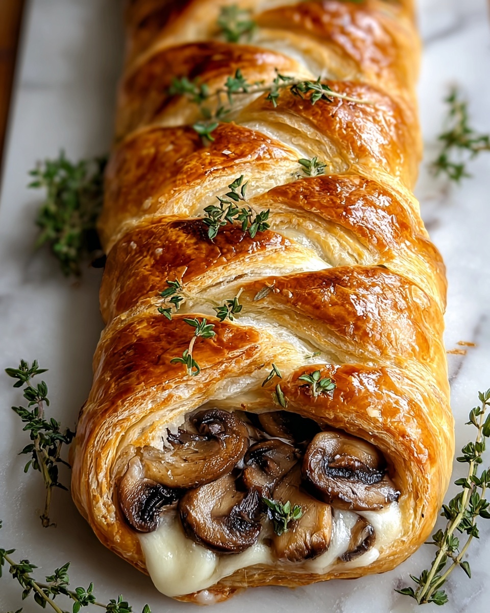 A golden brown puff pastry braid is shown lying on a white marbled textured surface, each segment of the braid folded over the filling inside. The filling is creamy white cheese mixed with caramelized, shiny brown mushroom slices that look soft and tender. The puff pastry has a rich, glossy finish with visible layers of flaky crust. Small sprigs of fresh green thyme are placed along the top and around the pastry for decoration. Photo taken with an iphone --ar 4:5 --v 7