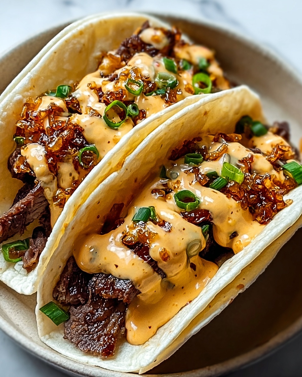 The image shows close-up of several soft white corn tortillas each holding a layer of dark brown cooked meat pieces mixed with small yellow bits of grilled onions. On top of the meat, there are drizzles of creamy light orange sauce spread evenly over the length of each taco. Fresh green chopped cilantro leaves are sprinkled across the top, adding a bright contrast to the darker layers. The tacos are arranged side by side on a white plate placed on a white marbled surface. The photo taken with an iphone --ar 4:5 --v 7