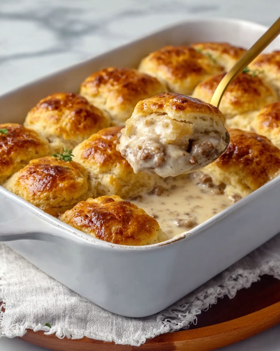A white baking dish filled with golden-brown biscuit tops arranged in three rows, each biscuit puffed and slightly textured with a crusty top. Between the biscuit tops, there is a creamy white creamy sausage gravy filled with small browned sausage bits, showing a thick and smooth texture. A gold spoon with a scoop of one biscuit and gravy lifts out from the dish, showing the softness of the biscuit and the rich sauce beneath. The dish sits on a wooden board covered with a white cloth, all set against a white marbled background. Photo taken with an iphone --ar 4:5 --v 7