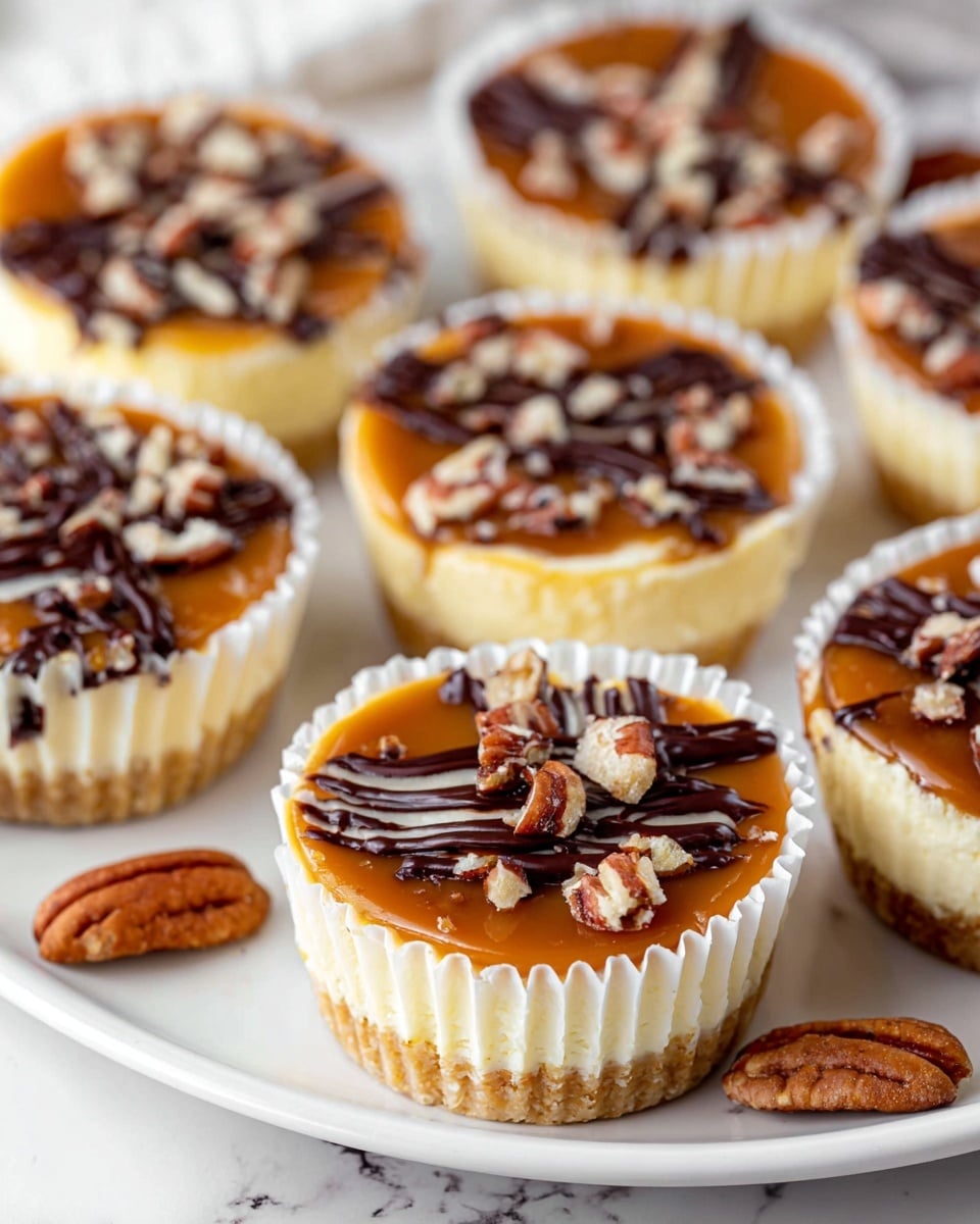 The image shows a group of small cheesecake cups arranged on a white plate, placed on a white marbled surface. Each cheesecake has three layers: a bottom crust layer that is pale yellow, a middle creamy white cheesecake layer, and a smooth caramel layer on top. On the caramel layer, there are swirls of dark chocolate and small chopped pecan pieces scattered evenly. The cheesecakes are inside white paper liners with fluted edges, and some extra pecan pieces are scattered on the plate around the cheesecakes. The focus is sharp on the front cheesecakes while the ones in the back appear softly blurred. Photo taken with an iphone --ar 4:5 --v 7