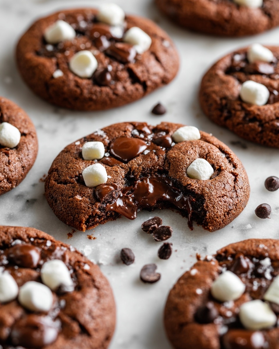 A close-up view of several round chocolate cookies laid out on a white marbled texture, each cookie studded with melted dark chocolate chips and small white marshmallow pieces on top. One cookie near the center is broken in half, showing a slightly gooey inside with a rich brown color and an uneven edge. The cookies have a slightly cracked surface, with a soft and chewy look. Photo taken with an iphone --ar 4:5 --v 7