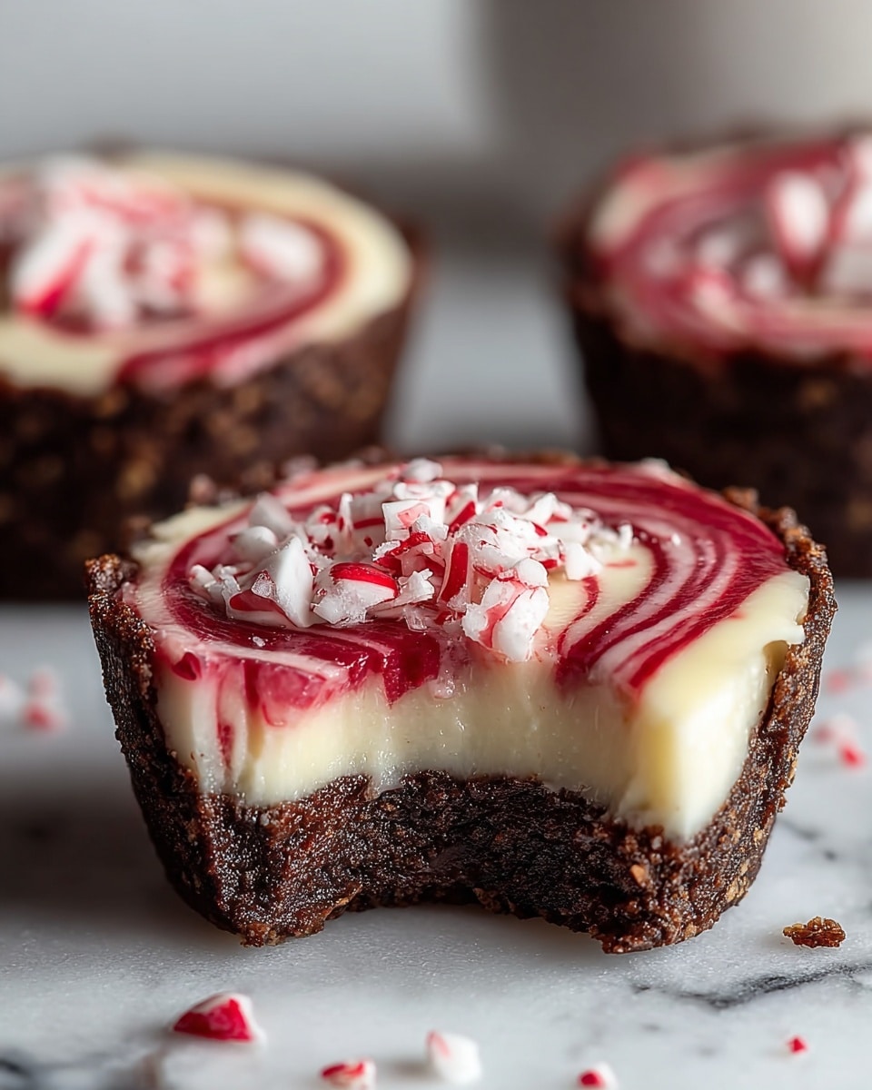 The image shows a close-up of a small tart with three layers: the bottom layer is a dark, crumbly chocolate crust, the middle layer is a smooth, creamy white filling, and the top layer is a red and white swirl of sauce with crushed white and red candy pieces sprinkled on top. The tart has a bite taken out of it, revealing the creamy and moist texture inside. The tart sits on a white marbled surface with two more similar tarts blurred in the background. photo taken with an iphone --ar 4:5 --v 7