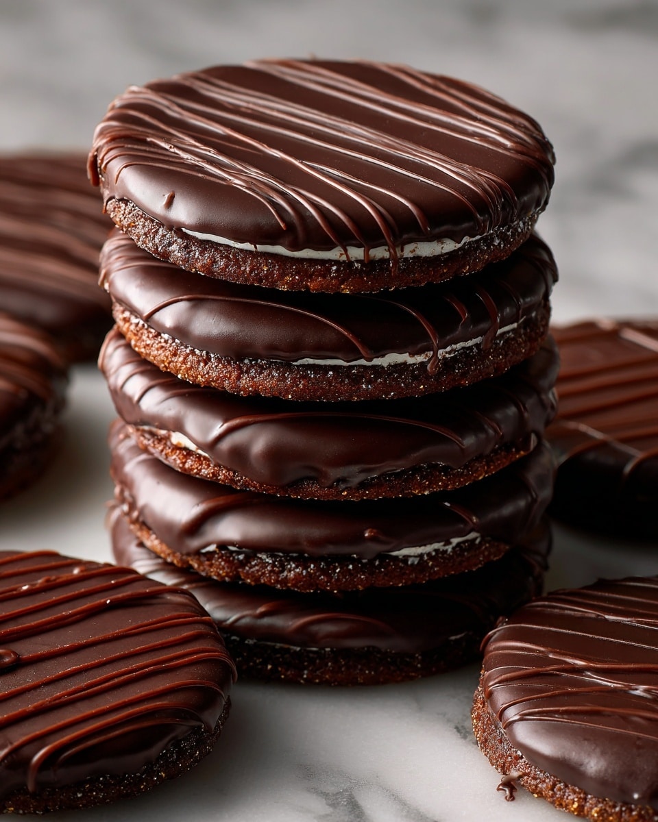 A close-up view of a stack of five round chocolate-covered sandwiches placed on a white marbled surface. Each sandwich has smooth, glossy dark chocolate coating with thin, lighter chocolate drizzle patterns on top. The sandwiches have slightly textured edges, showing a thick layer of chocolate that covers a filling inside. Around the stack, several more chocolate sandwiches lie flat, showing their shiny, smooth tops with irregular drizzle lines. The colors range from deep dark brown to lighter chocolate brown in the drizzle. photo taken with an iphone --ar 4:5 --v 7