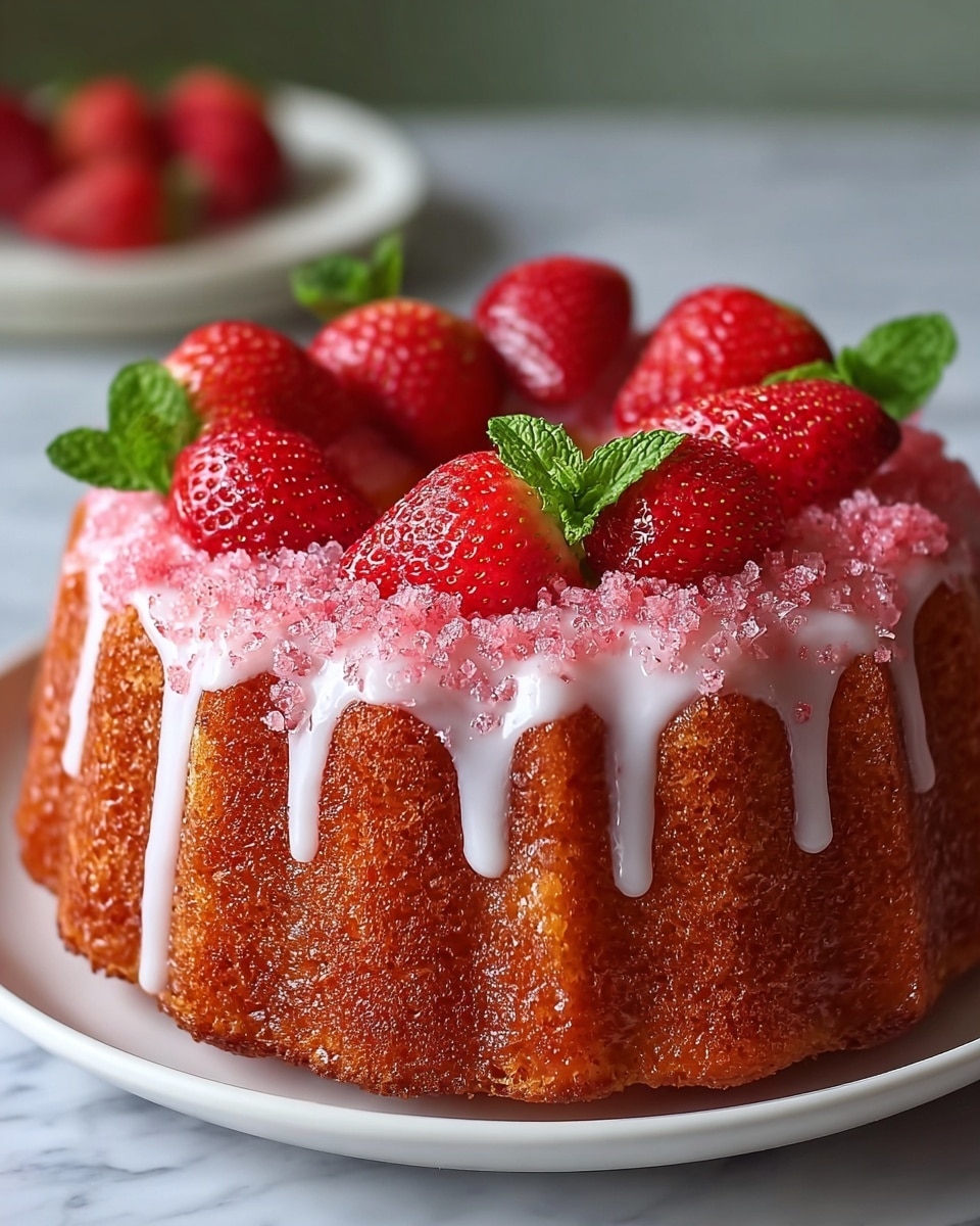 A round bundt cake with a golden brown textured surface sits on a white plate, covered with a light pink glaze that softly drips down its sides. On top, there is a ring of white whipped cream, each dollop topped with a bright red strawberry half sprinkled with small pink sugar crystals. Green mint leaves are scattered evenly among the strawberries, adding a touch of fresh color. The cake is placed on a surface with a white marbled texture, giving it a clean and bright look. photo taken with an iphone --ar 4:5 --v 7