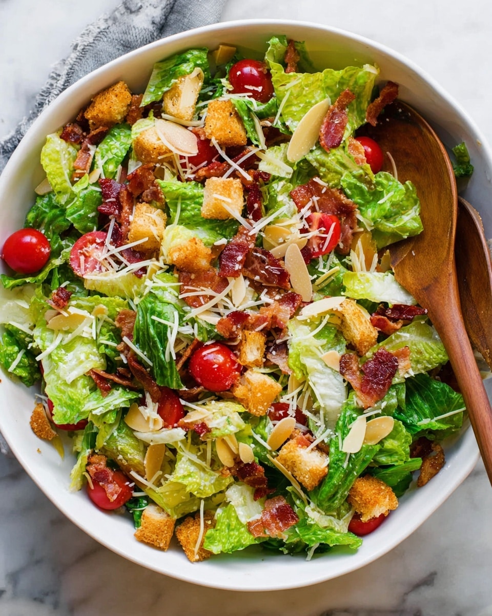 A white bowl filled with a fresh salad sits on a white marbled surface. The salad has a base layer of crisp green lettuce leaves with layers of small bright red cherry tomato halves scattered on top. There are golden brown croutons and small pieces of cooked crispy bacon mixed evenly throughout. Thin strands of pale yellow shredded cheese and light toasted almond slivers are sprinkled over the salad. A wooden spoon rests inside the bowl on the right side, partly covered by the salad. A woman's hand gently holds the spoon. The overall look is colorful, fresh, and textured. Photo taken with an iphone --ar 4:5 --v 7