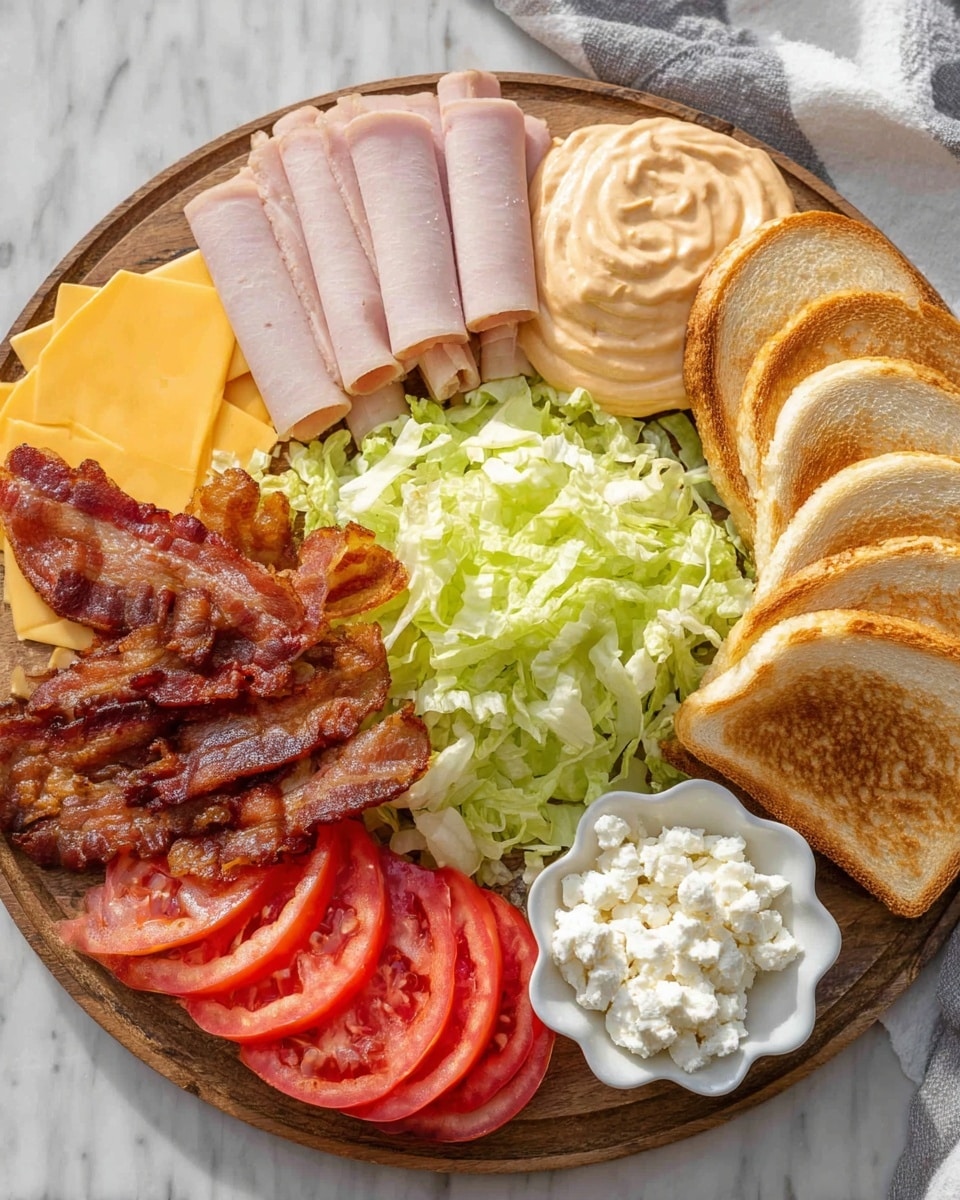 The image shows a white bowl filled with four club sandwich quarters, each sandwich with three layers of toasted bread that is light brown in color and slightly crisp at the edges. The bottom layer has fresh green lettuce, slices of red tomato, and thin slices of light pink turkey. The middle layer has crispy bacon strips with a reddish-brown color, and the top layer has more lettuce and tomato visible. Each sandwich is held together with a wooden toothpick. To the right of the sandwiches are a pile of golden, ridged potato chips. At the bottom right corner inside the bowl are three small green pickles. The bowl sits on a white marbled surface with a blue-striped cloth nearby. photo taken with an iphone --ar 4:5 --v 7