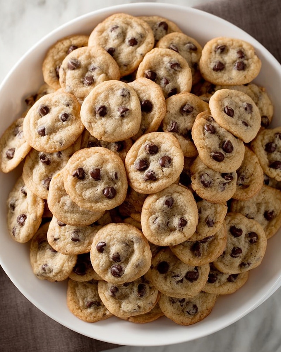 A large pile of small round chocolate chip cookies fills the entire image, each cookie showing a light golden-brown color with soft texture and several shiny dark brown chocolate chips scattered on top. The cookies overlap closely, creating a thick layer with no visible background. The surface beneath is a white marbled texture, though mostly covered by the cookies. photo taken with an iphone --ar 4:5 --v 7