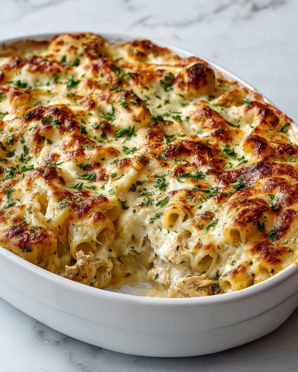 A white oval baking dish filled with a creamy baked pasta dish showing three visible layers: the bottom layer is golden tubular pasta partially visible beneath, the middle layer contains small pieces of cooked chicken in a light sauce, and the top layer consists of melted, bubbly cheese browned in spots with fresh green chopped herbs sprinkled evenly across. The cheese looks stretchy and rich, with golden crusty bubbles giving texture against the soft pasta and chicken underneath. The dish sits on a white marbled surface. photo taken with an iphone --ar 4:5 --v 7
