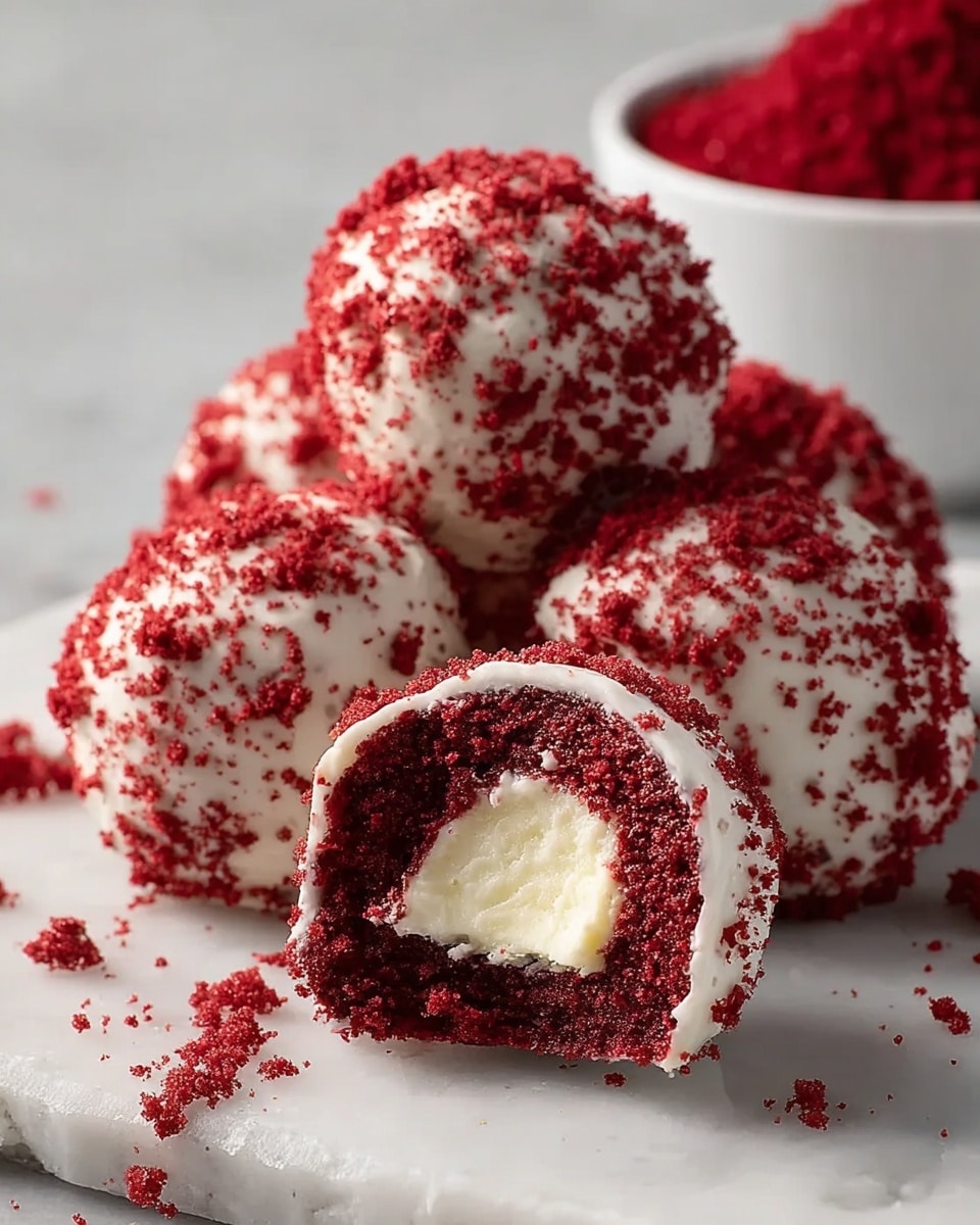 The image shows a close-up of several red velvet cake balls covered in white creamy frosting and coated with red cake crumbs. The cake balls are round, with one cut open to reveal a smooth white cream filling inside the deep red cake layer. They are arranged on a white marbled surface, with some red crumbs scattered around. In the background, there is a white bowl filled with red crumbs slightly out of focus. The texture of the cake looks moist and dense, while the cream inside appears soft and fluffy. photo taken with an iphone --ar 4:5 --v 7