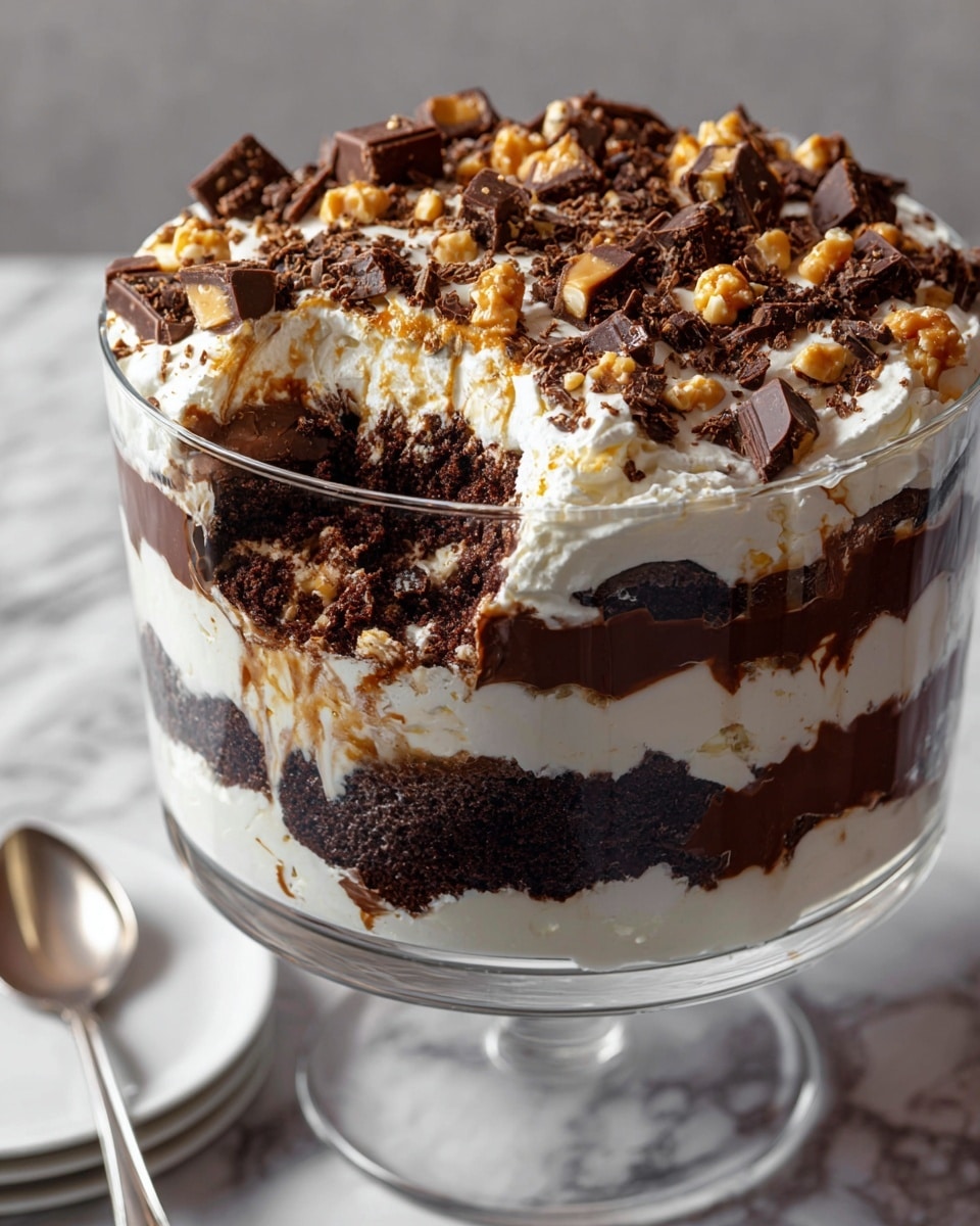 A tall glass trifle dish with three main layers is shown. The bottom layer is dark chocolate cake with a rough, moist texture. Above it is a thick white whipped cream layer spread evenly, followed by a dark chocolate sauce layer in the middle. Another layer of dark chocolate cake sits on top of the sauce. The top layer is a thick, fluffy white whipped cream, decorated with chopped chocolate pieces and small chunks of caramel-covered nuts scattered across the surface. A section of the trifle is scooped out, revealing all the layers inside. The dish sits on a white marbled surface with a silver spoon nearby. Photo taken with an iphone --ar 4:5 --v 7