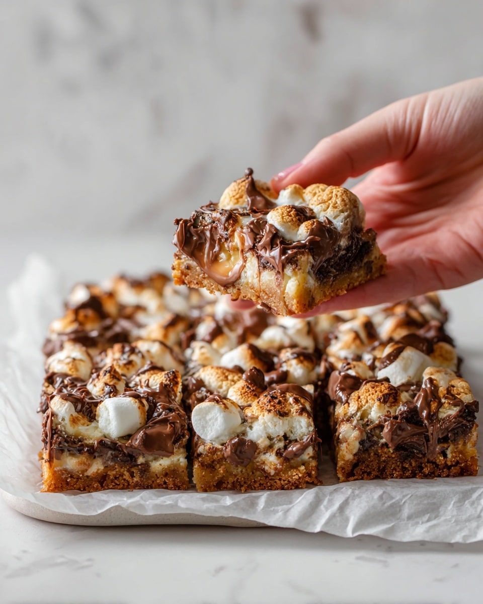 A close-up view of a square baked dessert cut into 16 smaller squares, each piece displaying a golden-brown cookie base. The top layer has melted chunks of milk chocolate and toasted marshmallows unevenly spread, giving a mix of light brown and white textures. A woman's hand is holding one piece up, showing the soft, gooey inside with visible layers of cookie dough, melted chocolate, and marshmallow. The dessert sits on white parchment paper, placed on a white marbled surface. photo taken with an iphone --ar 4:5 --v 7