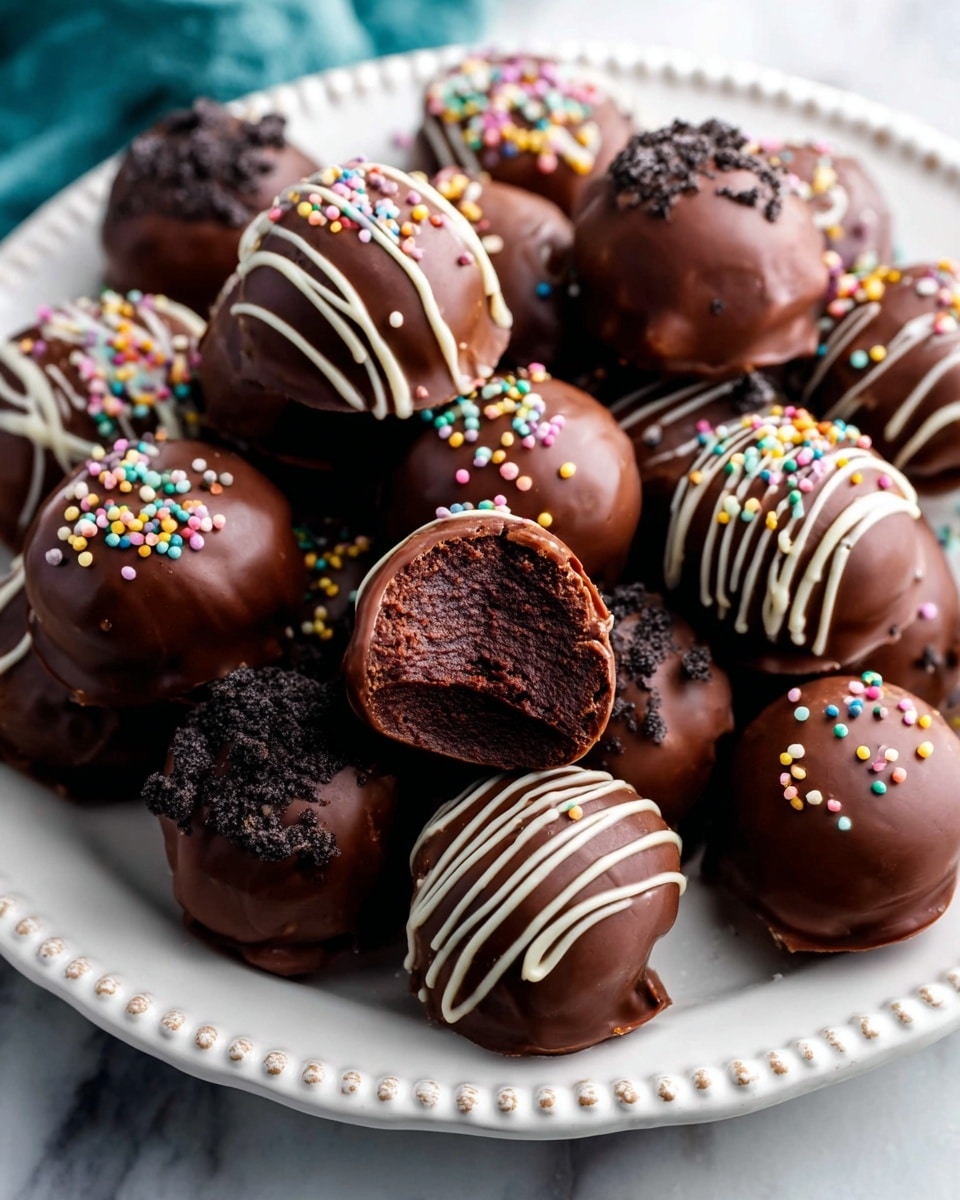 A green speckled tray filled with two types of round truffles arranged closely together. On the left and center are smooth, dark brown truffles with a glossy chocolate coating, some topped with small crushed cookie bits and a few sprinkled with tiny colorful sugar crystals in red, yellow, and pink. On the right are creamy white truffles with a smooth finish and thin white chocolate stripes drizzled on top. The tray sits on a white marbled surface, and a piece of popcorn is partially visible on the left edge. photo taken with an iphone --ar 4:5 --v 7