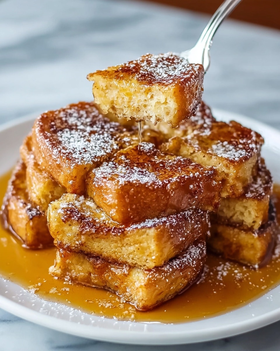 A white square baking dish filled with a golden brown bread pudding that is puffed up unevenly, showing textured, soft interior pieces and crispy edges. The top is lightly dusted with powdered sugar, creating a contrast of white specks against the warm brown crust. The surface of the pudding has some darker toasted spots and appears fluffy and moist inside. The dish sits on a white marbled surface with a jar of amber-colored syrup in the background. photo taken with an iphone --ar 4:5 --v 7