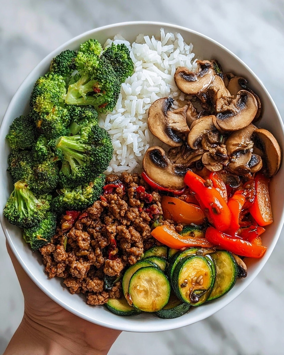 A white bowl filled with five layers of food, each in a section: the top left has white steamed rice with soft texture, the top right shows several golden brown sautéed mushroom slices with a slightly shiny surface, the bottom left contains bright green cooked broccoli florets with some light charring, the center has a pile of cooked ground meat with small crumbles and a reddish-brown color mixed with tiny bits of red pepper, and the bottom right holds cooked zucchini slices and vibrant red bell pepper strips with a glossy look. The bowl is held by a woman's hand over a white marbled surface. photo taken with an iphone --ar 4:5 --v 7