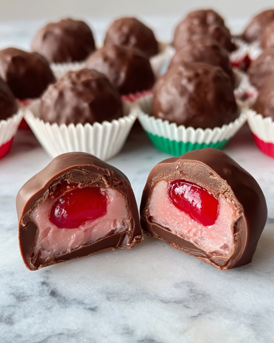 The image shows a group of chocolate-covered cherry candies arranged on a white marbled surface. In the front, two candies are cut in half revealing three layers: a dark brown smooth chocolate outer shell, a middle layer of light pink creamy filling, and a bright red cherry center with a glossy texture. The candies in the background sit in white paper cups with some colored red and green liners visible, and they look round with a slightly bumpy chocolate coating. The whole setup is clean and focused on the rich textures of the chocolate and cherry inside. photo taken with an iphone --ar 4:5 --v 7