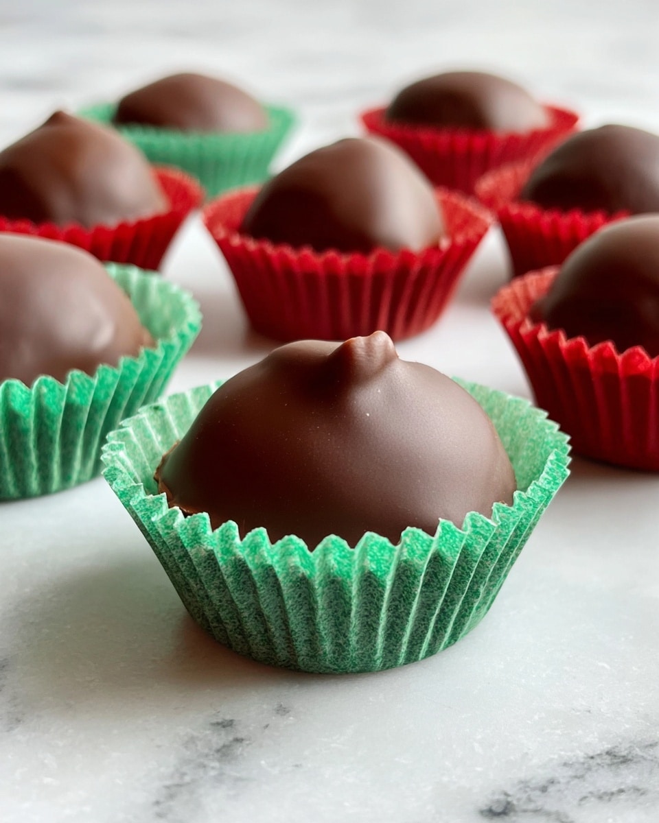 A group of chocolate-covered round treats with a smooth, slightly shiny surface, each sitting inside small, crinkled green and red paper cups, arranged on a white marbled surface. One treat is placed closer to the camera, showing a small peak at the top where the chocolate slightly rises, while the others fade softly into the background, creating depth in the image. photo taken with an iphone --ar 4:5 --v 7