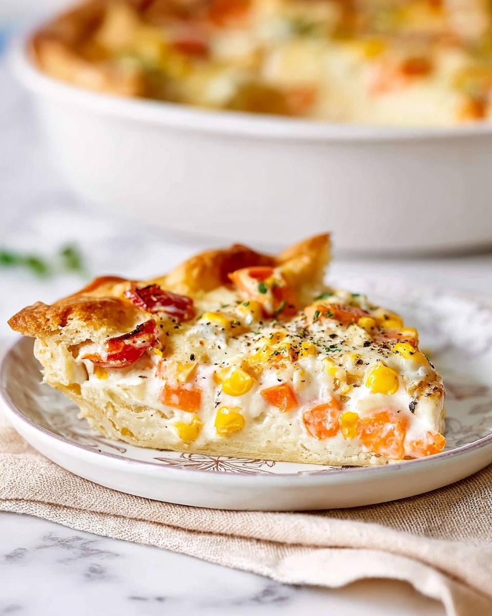 The dish is a layered casserole in a light blue baking dish with a portion already served. The visible top layer is melted light yellow cheese with small golden brown spots and scattered black pepper. Mixed into the cheese are small chunks of bright red and orange bell peppers and some yellow corn kernels. Below the cheese, layers of creamy white sauce and chunks of white chicken meat can be seen. The base layer consists of round, thin, toasted tortilla chips with a beige color, slightly browned and peeking out at the edges. A metal spatula with a light brown handle rests inside the dish, lifting a portion of the casserole. The baking dish sits on a white marbled surface photo taken with an iphone --ar 4:5 --v 7