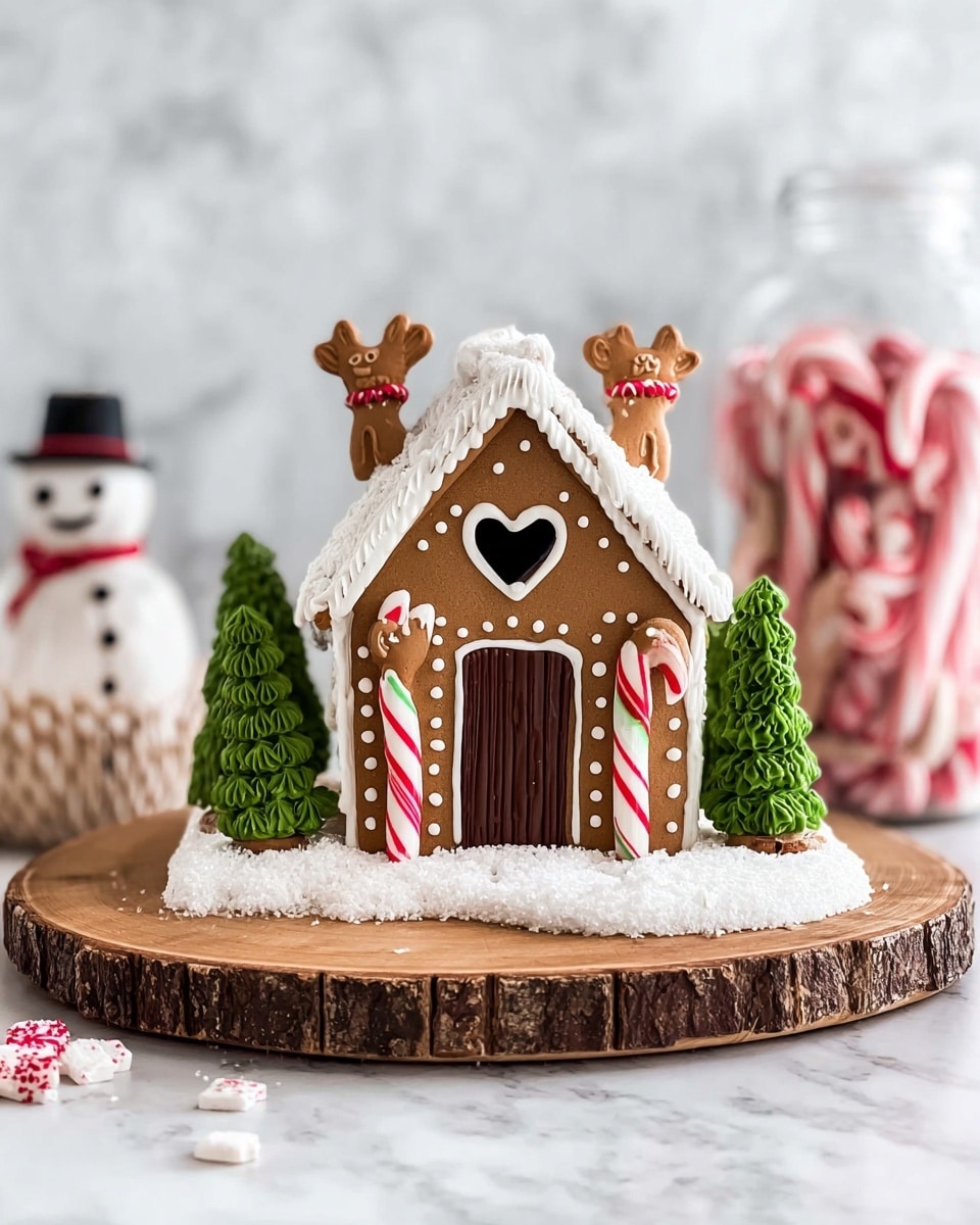 A small gingerbread house stands on a round wooden board with bark edges, covered in thick white frosting that looks like snow. The house has one brown door in the center, outlined with white icing dots, and two candy canes with red, green, and white stripes leaning on each side of the door. Above the door, a heart-shaped window made of brown gingerbread is surrounded by white icing dots. The roof is decorated with thick white frosting snow and two small chocolate reindeer with red collars and white details at the top. Around the house, there are several green Christmas trees made of textured frosting and a small white snowman with a black hat and red scarf made of icing. The background is soft with a white marbled texture and a glass jar filled with red and white candy canes. Photo taken with an iphone --ar 4:5 --v 7