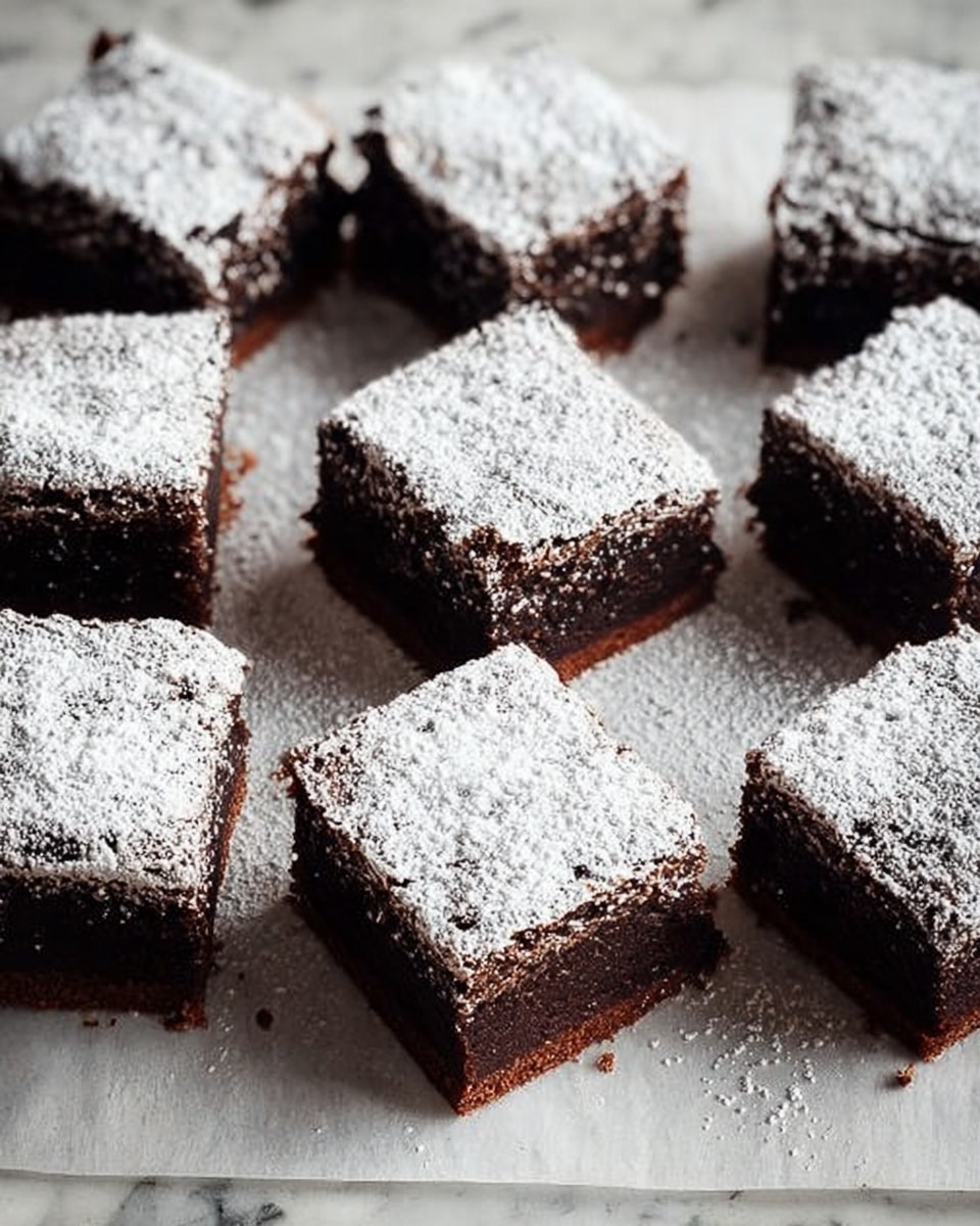 The image shows nine square brownies arranged on a white marbled textured surface. Each brownie has two visible layers: a dense, dark brown base layer and a slightly lighter brown middle layer with a fudgy texture. The top of each brownie is dusted evenly with white powdered sugar, creating a light, snowy effect. The edges of the brownies are clean and straight, highlighting their square shape. photo taken with an iphone --ar 4:5 --v 7