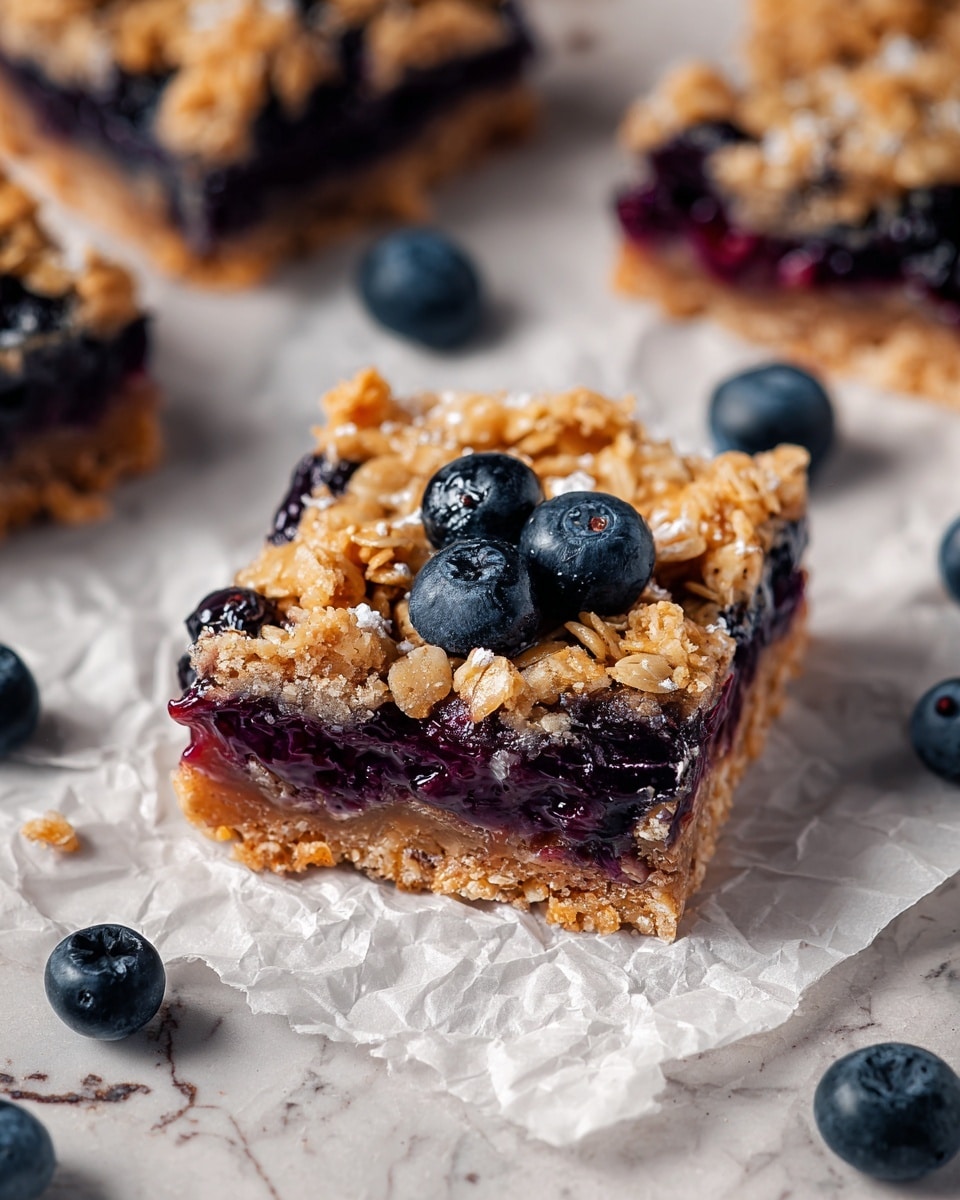 The image shows a square blueberry crumble bar with three visible layers: a golden brown crumbly oat crust at the bottom, a thick, glossy dark purple blueberry filling in the middle with whole blueberries embedded, and a golden, crumbly oat topping with visible oats and small blueberry pieces on top. The bar is set on white crumpled parchment paper, surrounded by fresh blueberries scattered around on a white marbled surface. More bars with the same layering are visible in the background. photo taken with an iphone --ar 4:5 --v 7