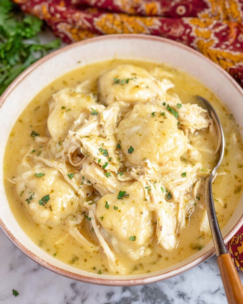 A bowl of thick chicken and dumplings soup is shown on a white marbled surface. The soup has soft, light yellow dumplings layered on top and mixed with shredded, white chicken pieces submerged in a creamy, pale yellow broth. The dumplings have a slightly rough texture with small green herb bits sprinkled over them. A silver spoon with a wooden handle is partially dipped into the soup on the right side of the bowl. There are some blurred green herbs and a fabric with red, yellow, and beige patterns in the background. Photo taken with an iphone --ar 4:5 --v 7
