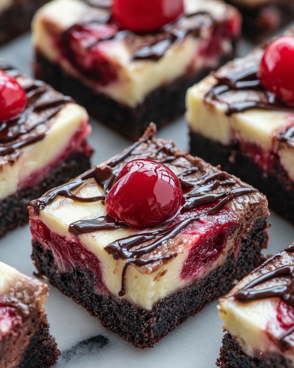 The image shows several square dessert bars with three distinct layers. The bottom layer is a dark, crumbly chocolate crust. Above that is a creamy, off-white cheesecake layer with swirls of bright red cherry sauce mixed in. On top, each bar has a glossy, whole red cherry embedded in the center, with a drizzle of shiny dark chocolate forming patterns around the cherry on the surface. The bars are placed in a close-up view on a white marbled texture. photo taken with an iphone --ar 4:5 --v 7