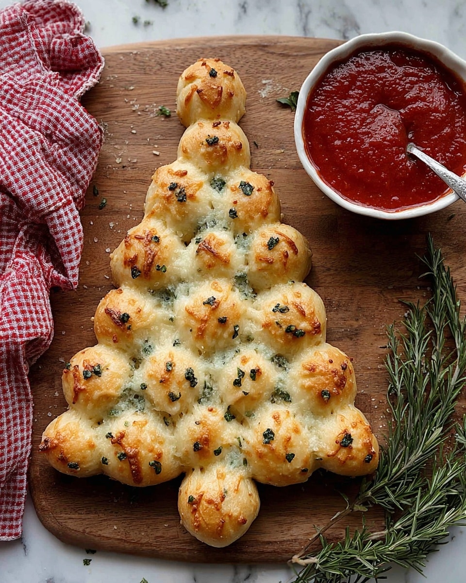 The image shows a Christmas tree-shaped pull-apart bread made of golden brown dough pieces arranged in a triangular shape with a small round base resembling the tree trunk. Each dough ball is shiny and topped with melted cheese and small green herb bits, giving a textured look. The bread sits on a wooden board with some grated cheese sprinkled around. To the right is a white bowl filled with red marinara sauce, and a spoon with some sauce on it rests nearby. A sprig of rosemary lies near the base of the bread, and a red and white striped cloth is on the left side. The background is a white marbled texture. photo taken with an iphone --ar 4:5 --v 7