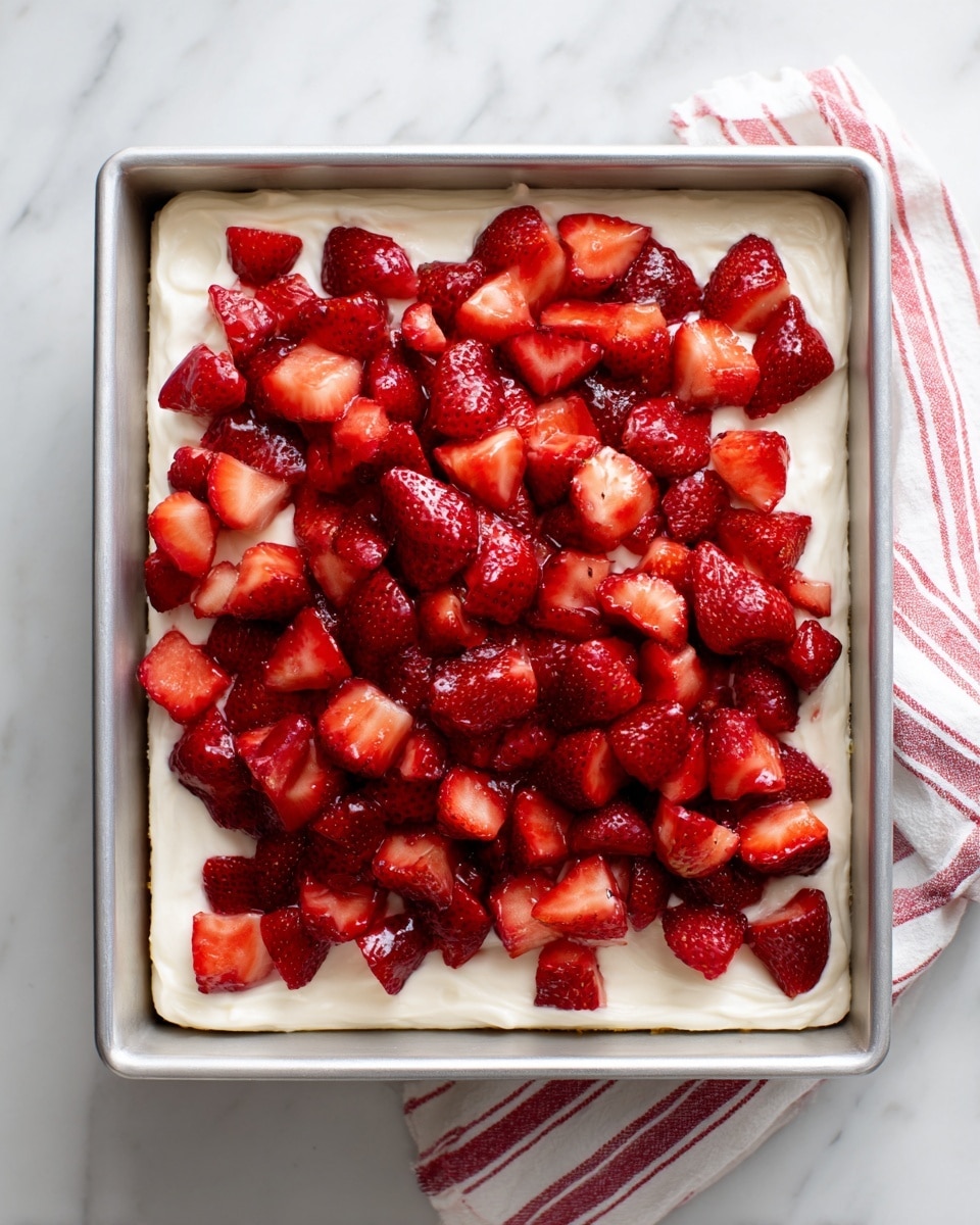 The image shows a three-layer dessert with a thick, light beige sponge cake as the base layer, topped with a creamy white layer of frosting, and finished with a generous amount of sliced bright red strawberries scattered on top, some whole and some halved, adding a juicy and glossy texture to the dish. The dessert is placed in a pan on a white marbled surface with a slice already removed, showing the soft texture of the cake and the fresh strawberries contrasting with the smooth frosting. Photo taken with an iphone --ar 4:5 --v 7