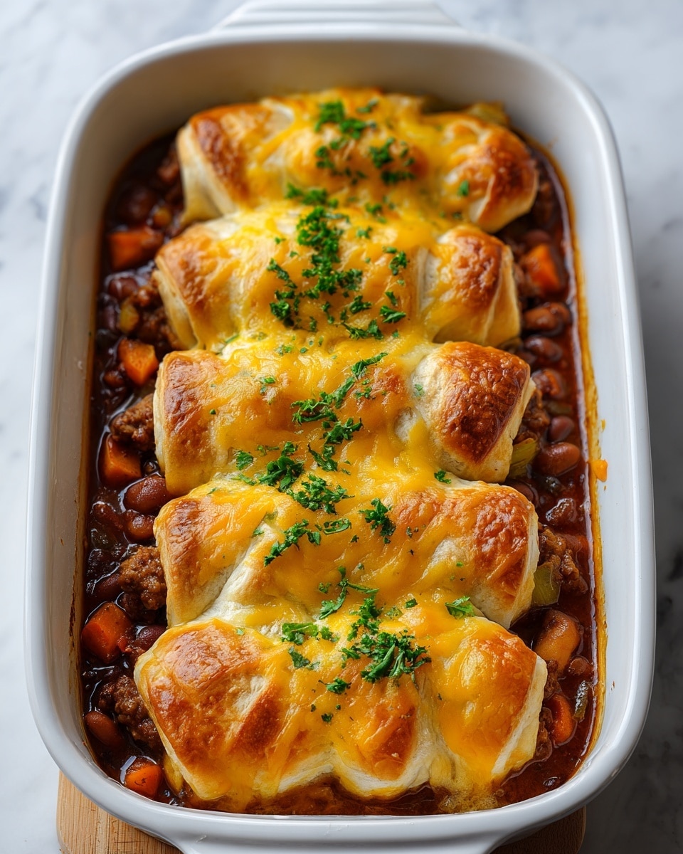 The image shows five golden brown baked sausage rolls arranged in a row in a white ceramic baking dish. Each sausage roll is wrapped in flaky crust topped with melted, browned cheddar cheese. They rest on a thick, rich chili sauce filled with mini sausages, chunks of orange carrots, beans, and ground meat. Fresh green chopped herbs are sprinkled on top of the cheese, adding a touch of vibrant color. The baking dish is set on a white marbled surface. photo taken with an iphone --ar 4:5 --v 7
