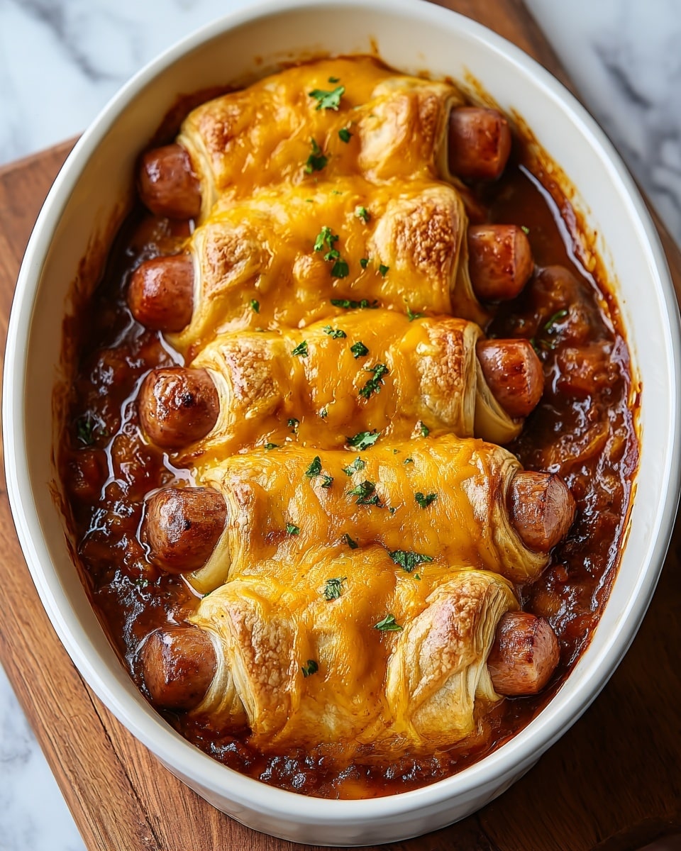 Five sausage rolls sit tightly in a white oval baking dish, each wrapped in a golden-brown pastry layer that is flaky and slightly shiny. The sausages peek out on both ends with a smooth, cooked pinkish-brown surface. The top of each roll is covered with a melted, bright orange layer of cheddar cheese, adding a rich texture. Beneath the rolls, there is a thick, dark reddish-brown sauce with visible chunky bits, filling the bottom of the dish. Small green herb pieces are sprinkled over the cheese, giving spots of fresh color. The dish rests on a wooden board with a soft white marbled texture in the background. Photo taken with an iphone --ar 4:5 --v 7