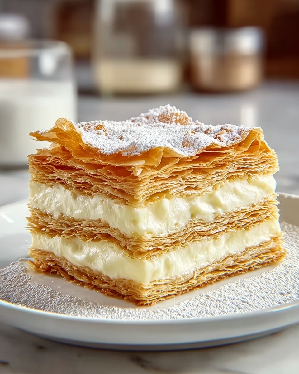 A square slice of layered dessert is shown on a white plate on a white marbled surface. It has a total of seven visible layers: four thin, golden-brown, crisp pastry sheets alternating with three creamy, smooth, pale yellow filling layers. The top pastry layer is flaky with some parts curled up and dusted lightly with powdered sugar. The powdered sugar also decorates the plate around the dessert. The background is softly blurred, showing some kitchen elements in soft focus. photo taken with an iphone --ar 4:5 --v 7