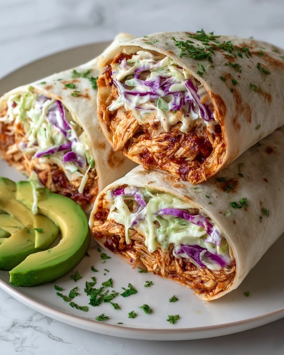 The image shows two large burritos cut in half on a white plate with a white marbled background. Each burrito has three visible layers: the first layer is shredded chicken with a reddish-brown sauce, the second layer is a mix of purple and green cabbage coleslaw with a creamy dressing, and the third layer is the soft, lightly browned flour tortilla wrapped around the filling. Chopped green herbs are sprinkled on top of the burritos and around the plate. On the side, there are three slices of fresh green avocado neatly placed on the plate. Photo taken with an iphone --ar 4:5 --v 7