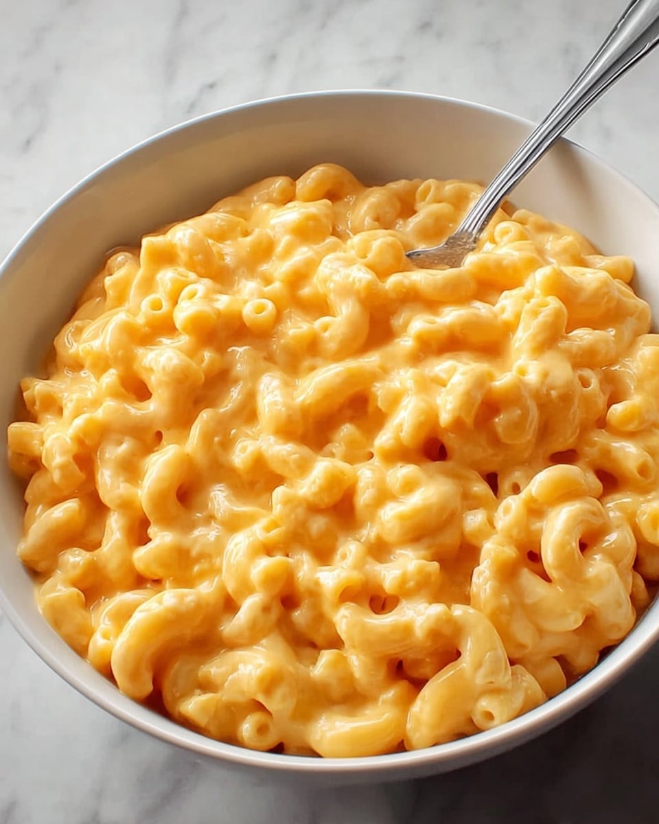 A white bowl full of creamy macaroni and cheese with smooth, shiny, bright orange cheese sauce coating each curved macaroni piece, filling the bowl almost to the top. A silver spoon is partially submerged on the right side, resting on the noodles. The background is a white marbled texture. photo taken with an iphone --ar 4:5 --v 7