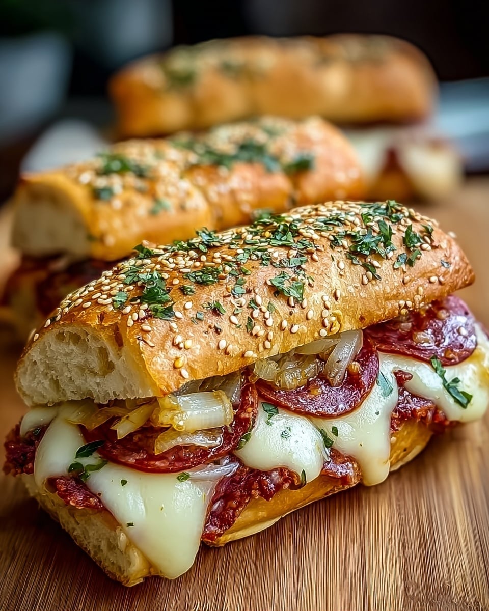 Two sandwiches are shown on a wooden surface, each made with a golden brown hoagie roll sprinkled with sesame seeds and chopped herbs on top. The sandwiches have several layers: the bottom layer is sliced pepperoni in dark red color, followed by melted cheese that is white with green herb flecks melted evenly over the meat. Below the cheese, some cooked onions or similar ingredients add a light golden texture. The rolls are slightly open, showing the filling clearly. The background is softly blurred to keep the focus on the sandwiches. photo taken with an iphone --ar 4:5 --v 7
