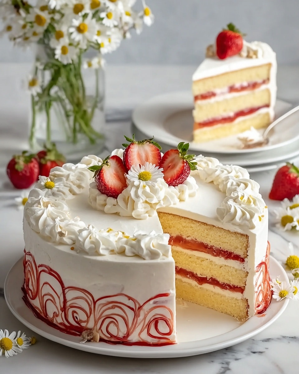 A three-layer round cake with light yellow sponge layers separated by thin red strawberry jam and white cream layers, covered all over with white whipped cream frosting. On top, there are red swirled icing decorations along the edges, a central white rosette of whipped cream with a whole strawberry in the middle, and several halved strawberries around it. One slice is cut out and placed on a white plate behind the cake, showing the inside layers clearly. The scene includes fresh strawberries and small white and yellow flowers on a white marbled surface, with a glass vase of white daisies blurred in the background. Photo taken with an iphone --ar 4:5 --v 7