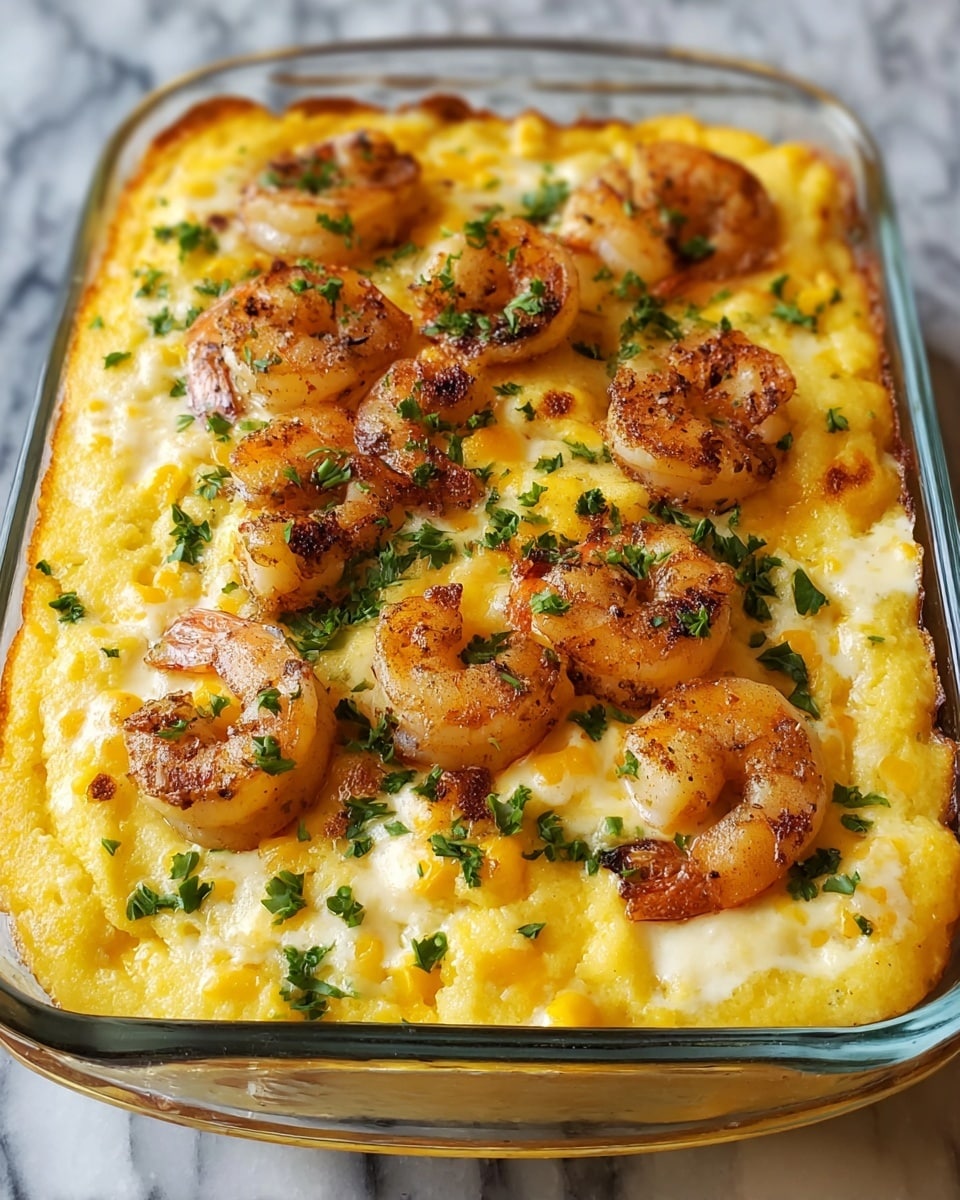 The image shows a clear glass baking dish filled with a creamy, baked dish. The base layer is soft, yellow corn pudding with a smooth texture and some golden-brown baked spots. On top of this layer, there are several medium-sized shrimp that are cooked and browned in spots, showing a slightly crispy texture. The shrimp are scattered evenly across the surface. Fresh green chopped parsley is sprinkled over the shrimp and pudding, adding a touch of vibrant color. The dish sits on a white marbled surface. photo taken with an iphone --ar 4:5 --v 7