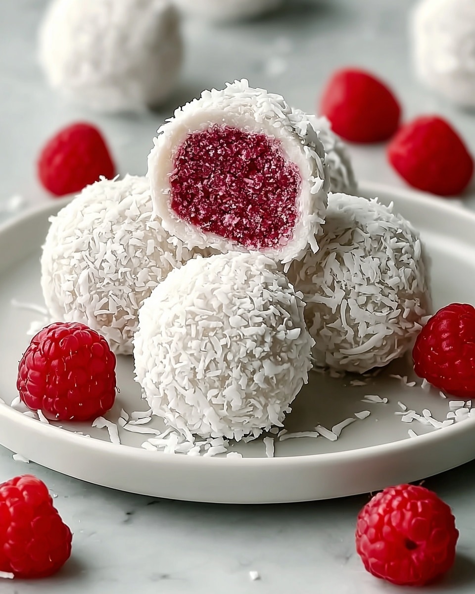 The image shows five round treats covered in white shredded coconut, arranged in a small pile on a white plate. Two of the treats are cut open, revealing a bright red, textured filling inside. Around the plate, several fresh red raspberries are scattered on a white marbled surface, adding a natural touch to the scene. The overall look is clean and fresh, with a focus on the contrast between the white coconut coating and the vibrant red berry inside. photo taken with an iphone --ar 4:5 --v 7