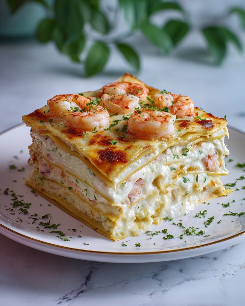 A thick square slice of lasagna with multiple creamy, pale yellow pasta layers stacked evenly, topped with a golden brown, crispy cheese layer sprinkled with chopped green herbs. The lasagna sits on a white plate with several pink shrimp pieces nestled in a rich, salmon-colored creamy sauce around the base, garnished lightly with green herbs. The white marbled surface beneath complements the dish's warm and fresh colors. photo taken with an iphone --ar 4:5 --v 7
