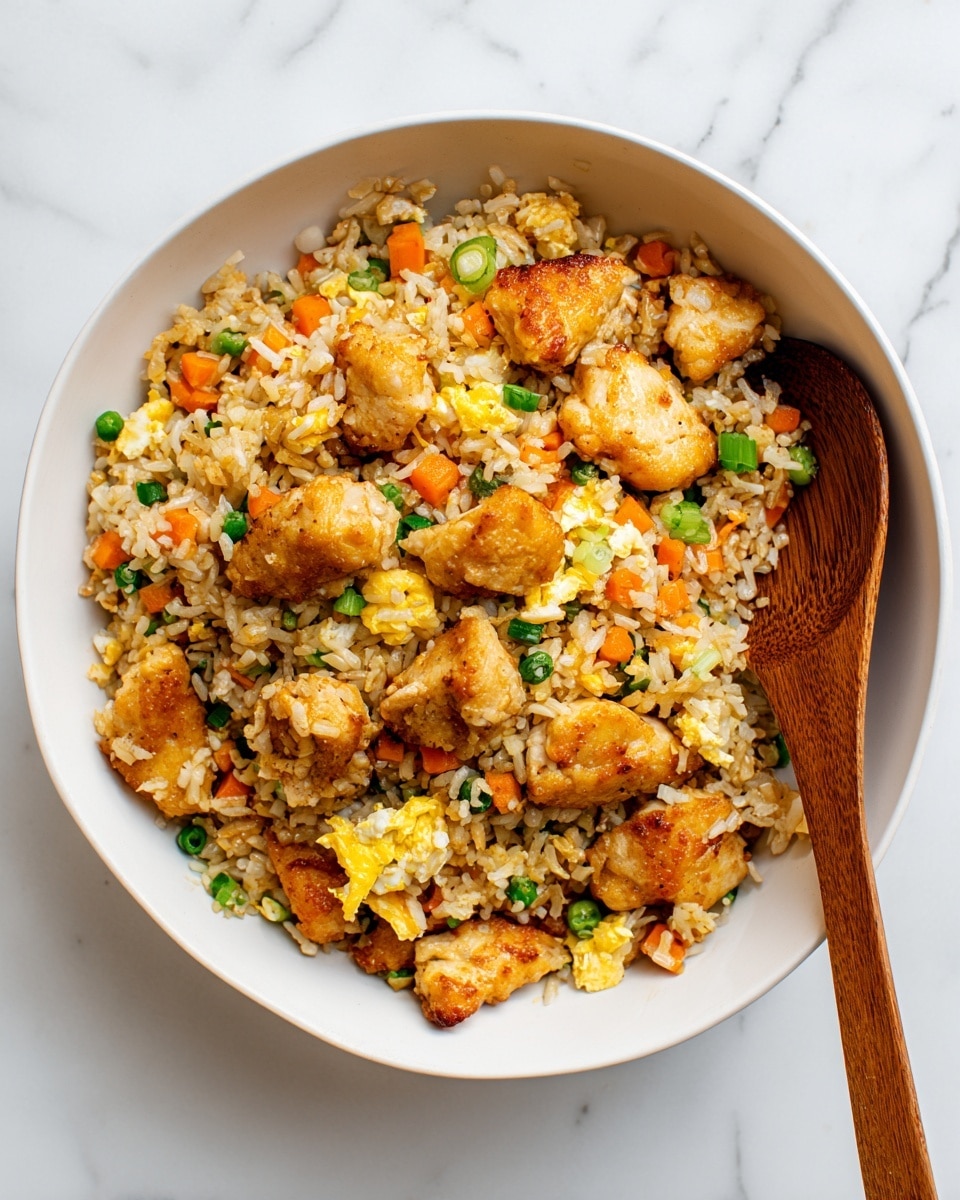 A white bowl filled with shrimp fried rice showing several layers: the base is light brown fried rice mixed evenly with small orange carrot pieces and dark green chopped spring onions. Scattered throughout, there are golden-yellow scrambled egg pieces with soft texture, and on top, large browned shrimp with a slightly crispy surface. A dark wooden spoon is resting on the right side inside the bowl. The bowl is placed on a white marbled surface. Photo taken with an iphone --ar 4:5 --v 7