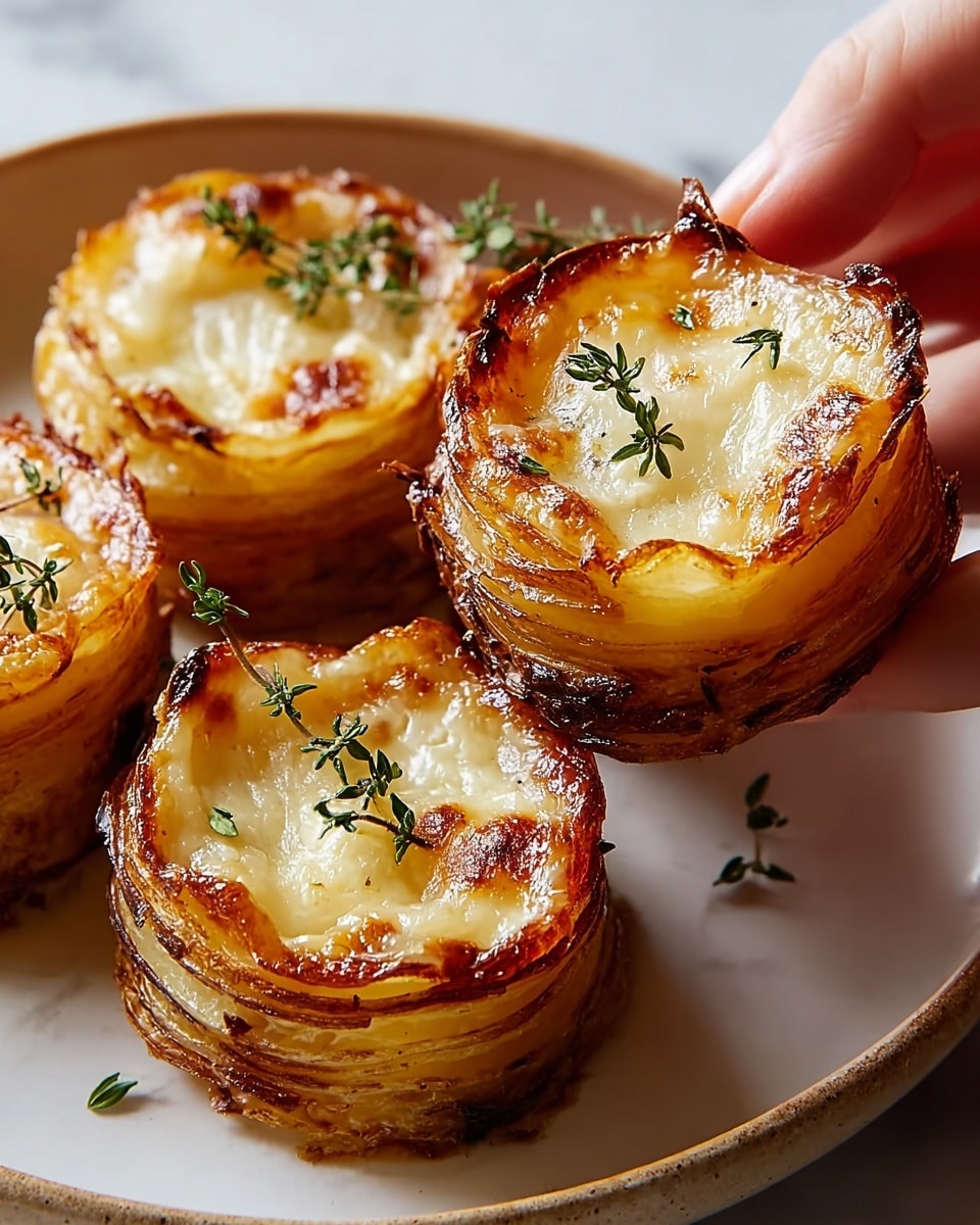 Four crispy potato stacks sit on a white plate over a white marbled surface, each stack made of thin golden-brown potato layers with a slightly curly edge. The inside of each stack is filled with melted, creamy cheese that has browned spots on the surface. Small green sprigs of fresh thyme lie on top of the cheese, adding a fresh touch. A woman's hand holds one potato stack on the left side of the image. The lighting highlights the glossy texture of the cheese and the crispy edges of the potatoes. photo taken with an iphone --ar 4:5 --v 7