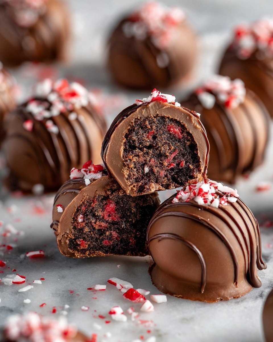 The image shows several round chocolate truffles on a white marbled surface with red and white crushed candy sprinkled around. One truffle is broken in half, revealing a dark, textured chocolate filling speckled with bits of red and white candy inside. The outer chocolate layer is smooth and milk brown with thin lines of drizzled chocolate on top. Crushed peppermint candy pieces in red and white are scattered over the tops of the truffles, adding color and texture. The background is softly blurred, keeping focus on the rich, glossy chocolates in the foreground. photo taken with an iphone --ar 4:5 --v 7