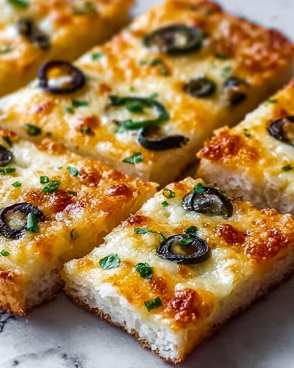 The image shows close-up pieces of cheesy bread cut into squares, laid out on a white marbled surface. Each piece has a golden-brown crust at the bottom layer, with a thick layer of melted cheese on top that is slightly browned and bubbly. Scattered across the cheese layer are thin slices of black olives and small bits of green herbs, adding a contrast in color and texture. The cheese looks gooey and soft, stretching slightly between the pieces. photo taken with an iphone --ar 4:5 --v 7