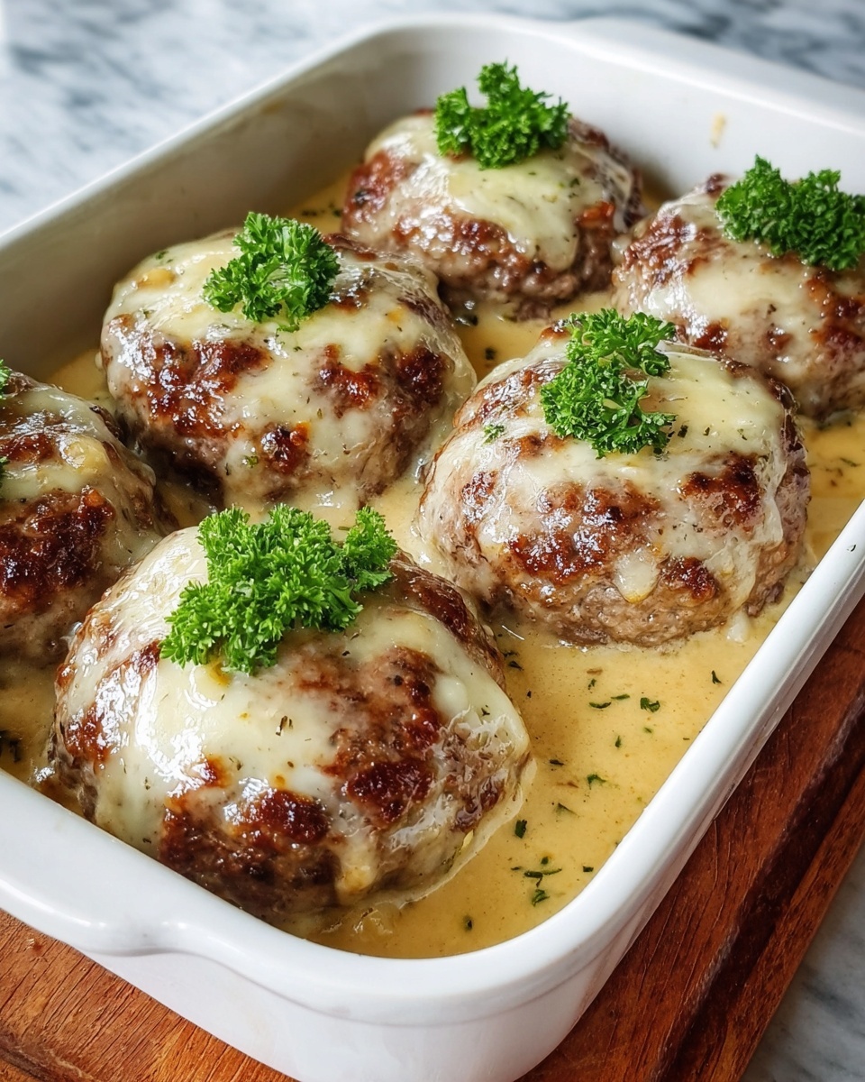 The image shows six large meat patties arranged closely in a white rectangular baking dish. Each patty is topped with a thick layer of creamy melted cheese that is slightly golden and gooey, dripping down the sides. Fresh green parsley leaves sit on top of each cheese layer, adding a bright pop of color and freshness. The patties are sitting in a light brown creamy sauce that fills the bottom of the dish. The dish rests on a wooden board with a white marbled surface background visible beyond it. Photo taken with an iphone --ar 4:5 --v 7