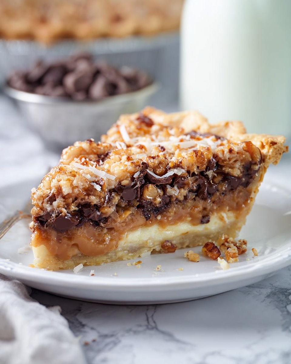 A round pie with a golden brown crimped crust filled with a rough, uneven layer of toasted nuts, melted chocolate chips, and small pretzel pieces, all held together by a slightly glossy, caramelized mixture. The pie filling shows a mix of light and dark brown colors with textured chunks and melted spots, sitting in a silver pie pan. Around the pie are small bowls with dark chocolate chips and chopped nuts, light brown square crackers, broken pretzel bits, and a glass bottle of milk, all set on a white marbled surface with a blue and white striped cloth partially under the pie. Photo taken with an iphone --ar 4:5 --v 7