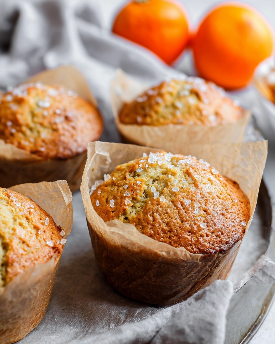 A close-up of a broken golden muffin with a soft, crumbly texture, with a small slab of pale yellow melting butter placed inside the split middle layer, sitting on crinkled light brown parchment paper on a white marbled surface. Behind it, there is a metal muffin tin filled with four whole muffins of the same golden color, wrapped in beige parchment liners. In the background, two bright orange oranges and a block of pale yellow butter add color contrast. A silver knife with traces of butter lies diagonally in the foreground on the white marbled surface. Photo taken with an iphone --ar 4:5 --v 7