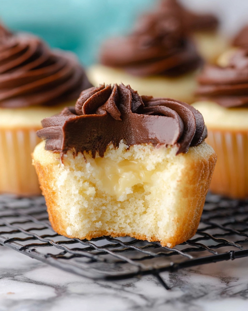 A close-up view of a vanilla cupcake with three visible layers: the bottom layer is light golden brown soft cake, the middle layer is a creamy pale yellow custard filling inside the cupcake, and the top layer is thick, smooth, dark brown chocolate frosting swirled on top. The cupcake has a bite taken from it, showing the inside layers clearly. The cupcake sits on a black metal cooling rack with other cupcakes blurred in the background. The surface below is a white marbled texture. photo taken with an iphone --ar 4:5 --v 7
