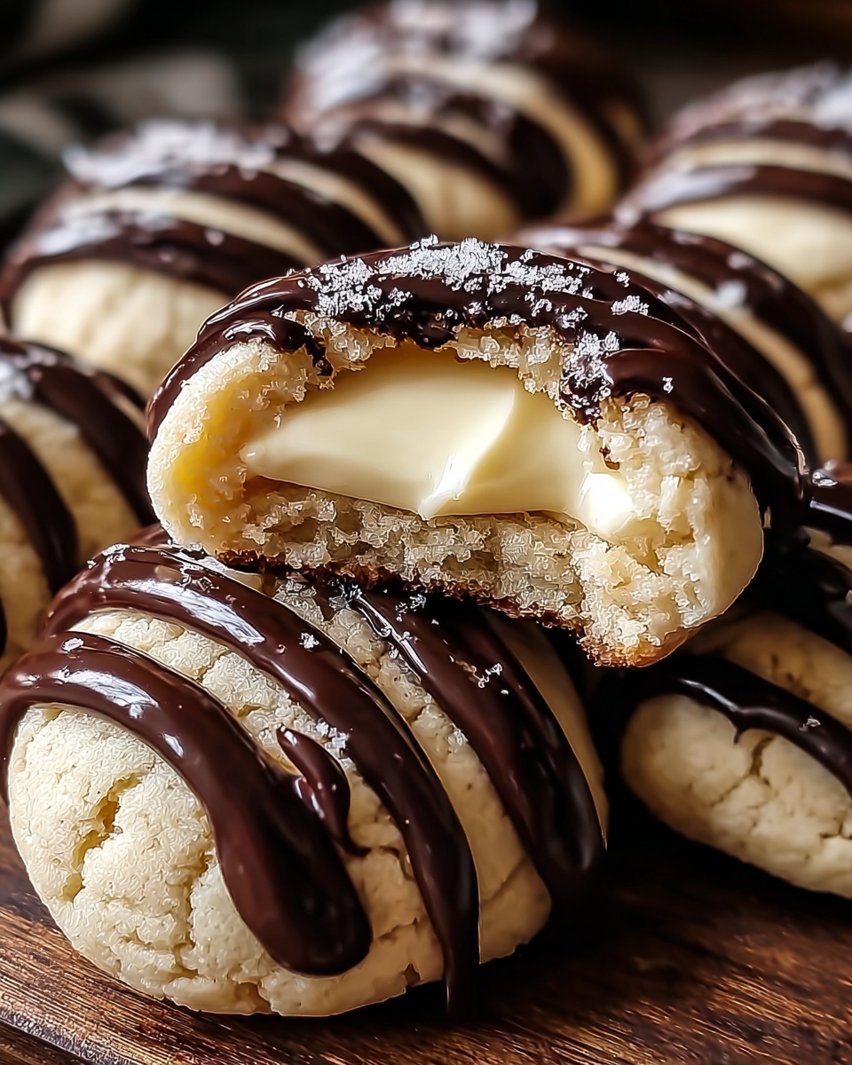 The image shows a row of soft, round cookies with a creamy white filling inside, partially bitten in the front to reveal the smooth filling. The cookie dough layer is light beige and crumbly, surrounding the thick, pale cream center. Each cookie is topped with dark, glossy chocolate drizzled in neat horizontal lines across the top. The cookies are arranged closely together on a dark wooden surface, highlighting their texture and rich colors. Photo taken with an iphone --ar 4:5 --v 7