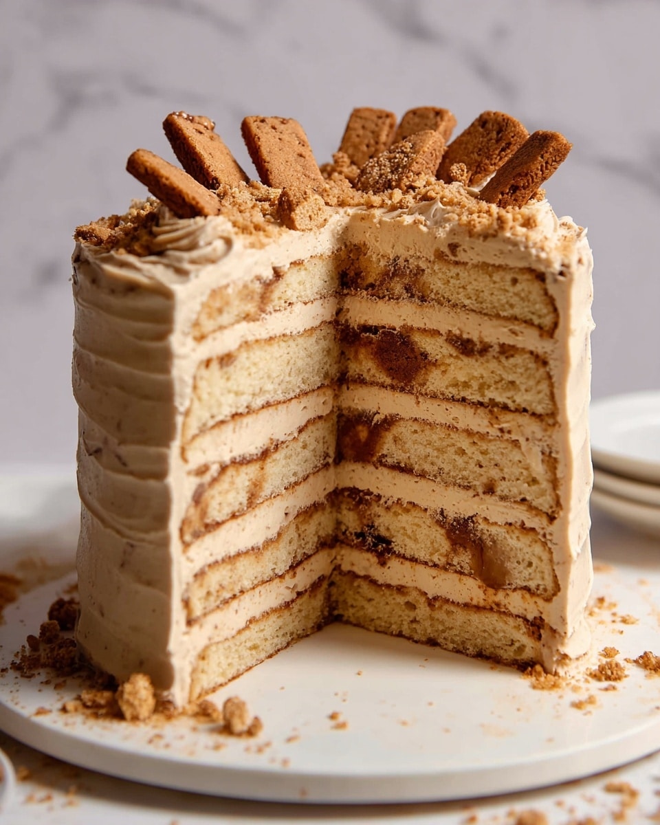 A tall cake with six thick layers of light beige sponge separated by thin layers of creamy light brown frosting is shown with a large slice missing, revealing its inside. The outside is covered evenly with the same creamy light brown frosting, and the top is decorated with crumbled pieces of a darker brown cookie and whole cookie sticks arranged casually. The cake sits on a white plate, placed on a white marbled surface with some crumbs scattered around. photo taken with an iphone --ar 4:5 --v 7