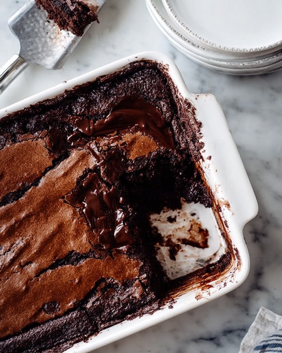 The image shows a white baking dish filled with a chocolate brownie. The brownie has a rich, dark brown, moist, and slightly cracked surface. One corner of the brownie has been scooped out, showing the thick, gooey, and dense chocolate texture underneath. Around the dish on the white marbled surface, there are stacked white plates and a metal cake server with a woman's hand holding it. The whole scene looks cozy and inviting. photo taken with an iphone --ar 4:5 --v 7